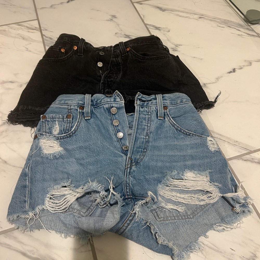 Levi’s 501 Black and Blue Distressed Denim Shorts